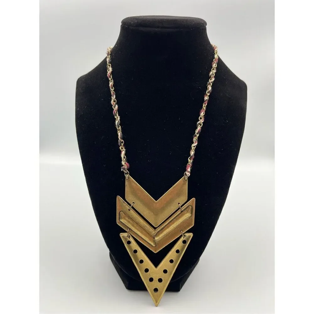 Brass Tone Arrow Rhinestone Triple Chevron Necklace 19.5”